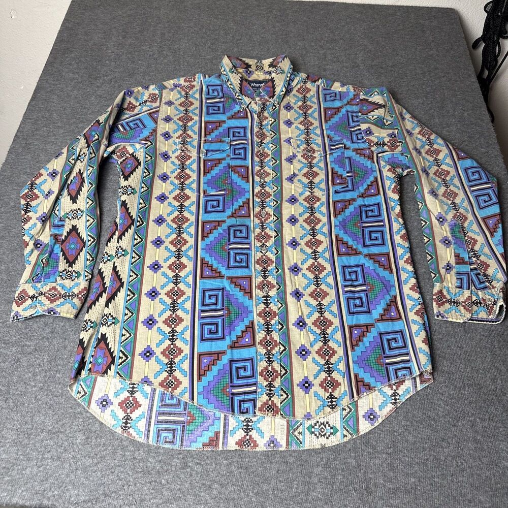 VTG Wrangler Shirt Mens XL 16.5-34 Aztec Southwestern Cowboy Cut Western 90s
